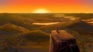Simba e Mufasa guardano il panorama al tramonto in una scena del film Il re leone 3D