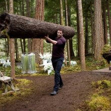 The Twilight Saga: Breaking Dawn - Parte 1, Kellan Lutz aiuta a spostare un tronco dalla location del matrimonio in una scena del film