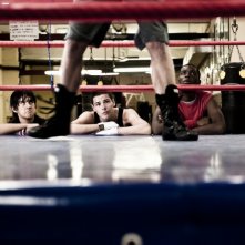 Giuseppe Guarino, Filippo Scicchitano e Prince Manujibeya guardano con attenzione il ring in una scena film Scialla!