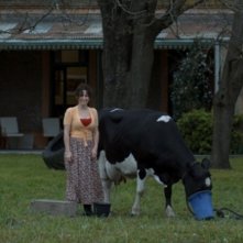 Muriel Santa Ana sorride accanto ad una mucca in una scena di Un cuento chino