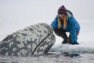 Drew Barrymore insieme ad una delle balene protagoniste del film in una scena di Qualcosa di straordinario