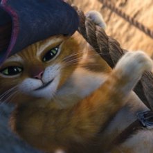 Il gatto con gli stivali, il nostro eroe si arrampica con una corda in una scena del film