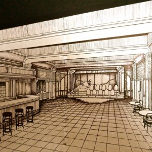 Bozzetto della scenografia dellla serie E' proibito ballare firmata da Giuseppe Pirrotta