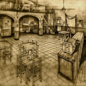 Un Amore Sconosciuto: Bozzetto scenografia della locanda dell'isola firmato da Giuseppe Pirrotta