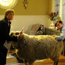 Tre uomini e una pecora: Kris Marshall e Kevin Bishop insieme al povero Ramsy in una scena del film