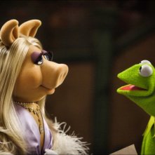 Miss Piggy guarda intensamente Kermit in una scena tratta dal film I Muppet