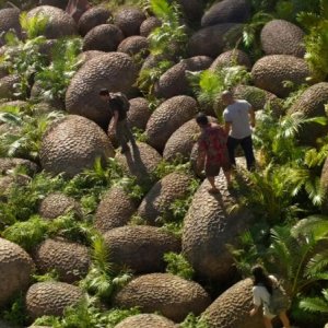 Viaggio nell'isola misteriosa: i protagonisti camminano su delle uova giganti in una scena del film