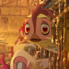 Leafie - La storia di un amore: la gallinella Leafie in gabbia in una triste immagine tratta dal film