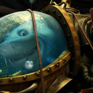 Seafood - Un pesce fuor d'acqua: lo squalo pinna bianca Julius con i suoi tre amici pesci e la sua nuova armatura da esterno in una scena del film