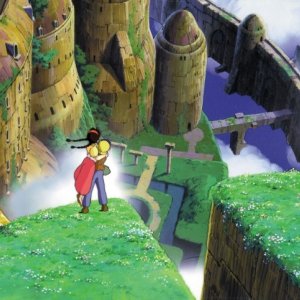 Il castello nel cielo: una bellissima immagine dall'alto dell'isola di Laputa in una scena del film