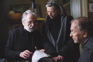 Amour: il regista Michael Haneke sul set insieme ad Emmanuelle Riva e Jean-Louis Trintignant
