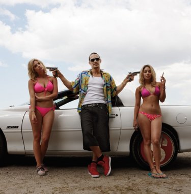 James Franco between Ashley Benson and Vanessa Hudgens on the set of Spring Breakers