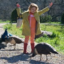 La mia vita è uno zoo: la piccola Maggie Elizabeth Jones in mezzo ad un gruppo di pavoni