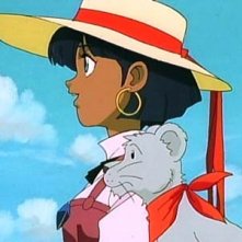 La protagonista con il suo leonino King in una scena del primo episodio dell'anime Nadia