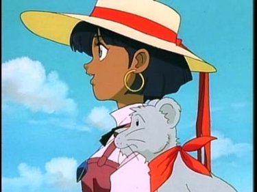 La protagonista con il suo leonino King in una scena del primo episodio dell'anime Nadia