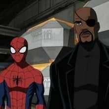 Spider-Man e Nick Fury in una scena della serie animata Ultimate Spider-Man