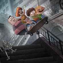 La bottega dei suicidi: Alan con i suoi amici a bordo di un pazzo skateboard