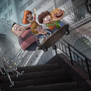 La bottega dei suicidi: Alan con i suoi amici a bordo di un pazzo skateboard