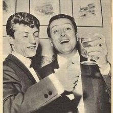 Sanremo 1963 - Tony Renis ed Emilio Pericoli brindano al successo di Uno per tutte, brano vincitore