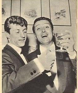 Sanremo 1963 - Tony Renis ed Emilio Pericoli brindano al successo di Uno per tutte, brano vincitore
