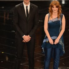 Sanremo 2013: Chiara Galiazzo con il suo 'proclamatore' Stefano Tempesti durante la prima serata