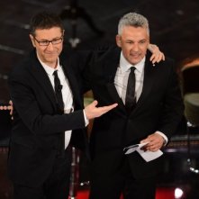 Sanremo 2013: Fabio Fazio con Roberto Baggio durante la terza serata