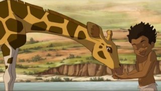 Le avventure di Zarafa - Giraffa Giramondo: Maki con la giraffa Zarafa in una tenera scena