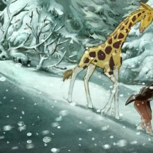 Le avventure di Zarafa - Giraffa Giramondo: Maki e Zarafa nel mezzo di una bufera di neve in una scena