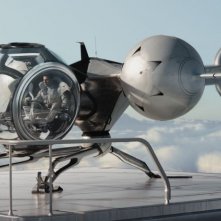 Oblivion: Tom Cruise a bordo del suo elicottero futuristico in una scena