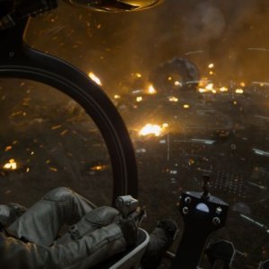 Oblivion: una suggestiva inquadratura di Tom Cruise a bordo del suo elicottero