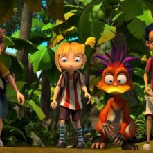 Dino e la macchina del tempo: Dino, Giulia e Max insieme al loro amico dinosauro in una scena