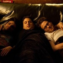 Facciamola finita: Jay Baruchel, Jonah Hill e Seth Rogen in una scena della goliardica commedia