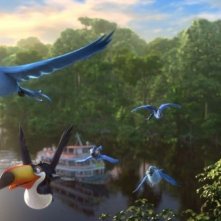 Rio 2: Blu e Jewel con i loro ragazzi e i loro amici in volo in una scena del film