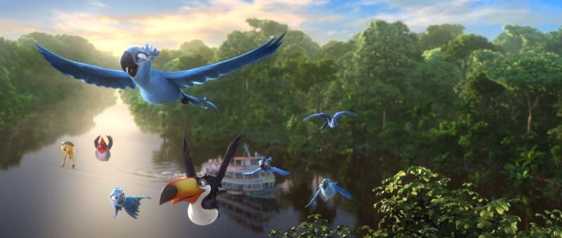 Rio 2: Blu e Jewel con i loro ragazzi e i loro amici in volo in una scena del film