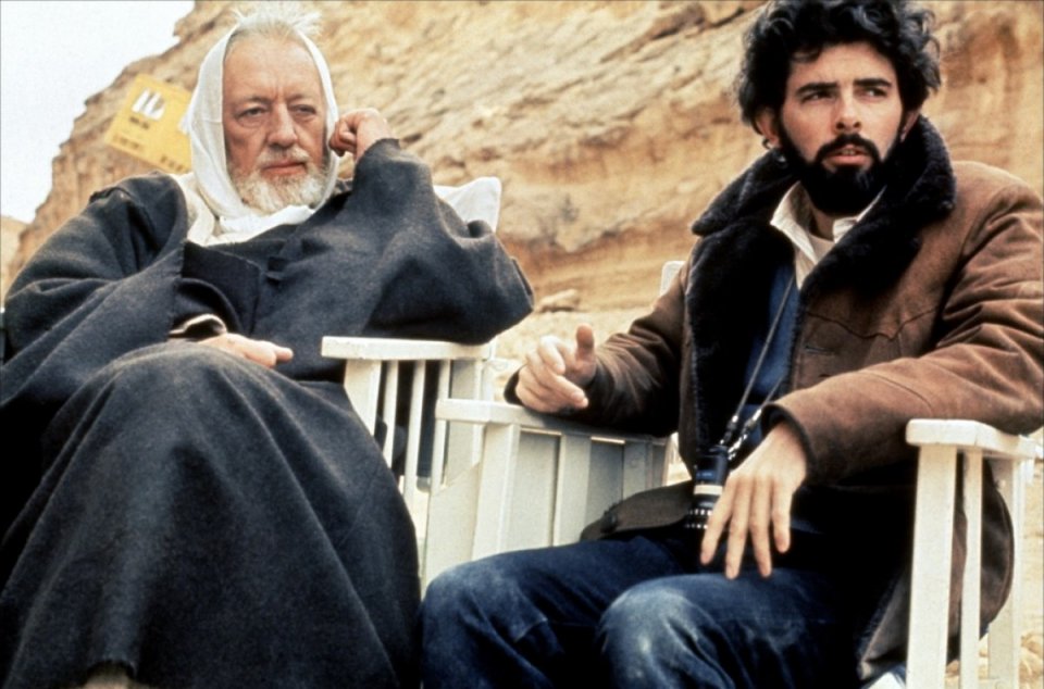 George Lucas e Alec Guinness sul set di Guerre Stellari