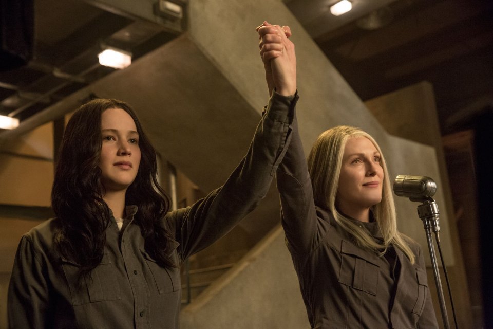 The Hunger Games: Mockingjay - Part 1: Jennifer Lawrence with Julianne Moore in a scene from the film