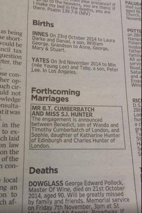 L'annuncio delle nozze tra Benedict Cumberbatch e Sophie Hunter