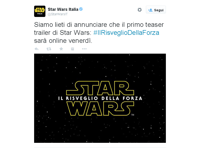 Star Wars - Il risveglio della forza: il tweet ufficiale italiano col titolo
