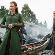 Lo Hobbit: La Battaglia delle Cinque Armate, Evangeline Lilly con Orlando Bloom in una scena del film
