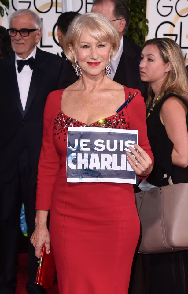 Actress Helen Mirren Supports Je Suis Charlie As She Attends The 72Nd Annual Golden Globe Awards At The Beverly Hilton