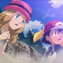 Serena con Pikachu e Ash in una scena di Pokémon Il Film - Diancie e il Bozzolo della Distruzione
