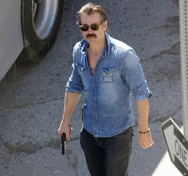 Colin Farrell sul set di True Detective 2, nei panni di Ray Velcoro