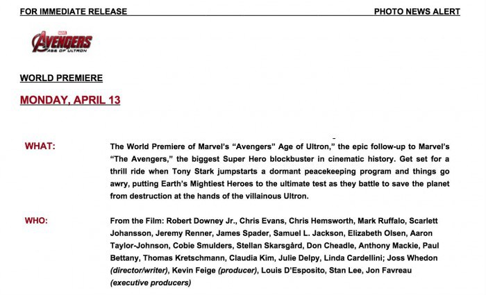 Avengers: Age of Ultron - La lista con glia ttori che parteciperanno alla premiere