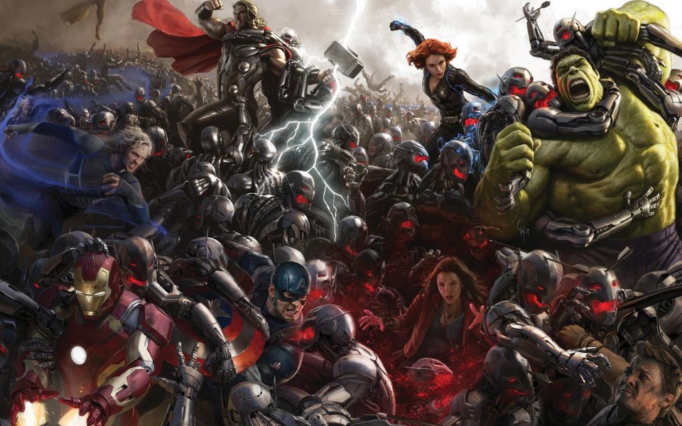 The Avengers - Age of Ultron, i concept art poster uniti insieme a formare una scena di battaglia