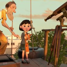 Il Piccolo Principe: l'aviatore, la bambina e il telescopio in una scena del film d'animazione