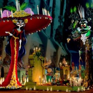 Il Libro della Vita: la Regina Morte con Xibalba in un momento del film animato