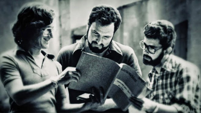 Steven Spielberg, John Milius e George Lucas sul set de Lo squalo