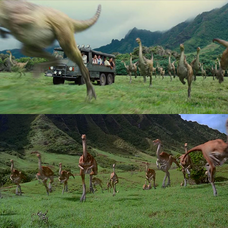 Jurassic Park e Jurassic World a confronto: la cavalcata dei Gallimimus