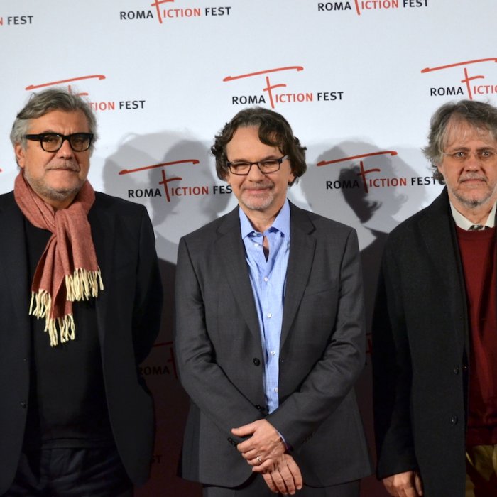 Roma Fiction Fest 2015: Giancarlo de Cataldo, Andrea Porporati, Frank Spotnitz al photocall che ha preceduto la masterclass