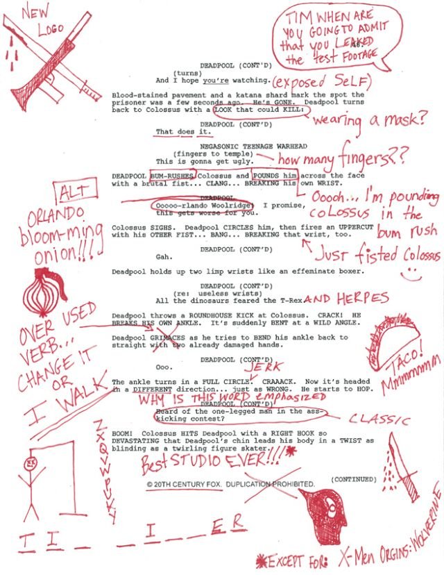 Deadpool: una pagina dello script con le note di Wade Wilson